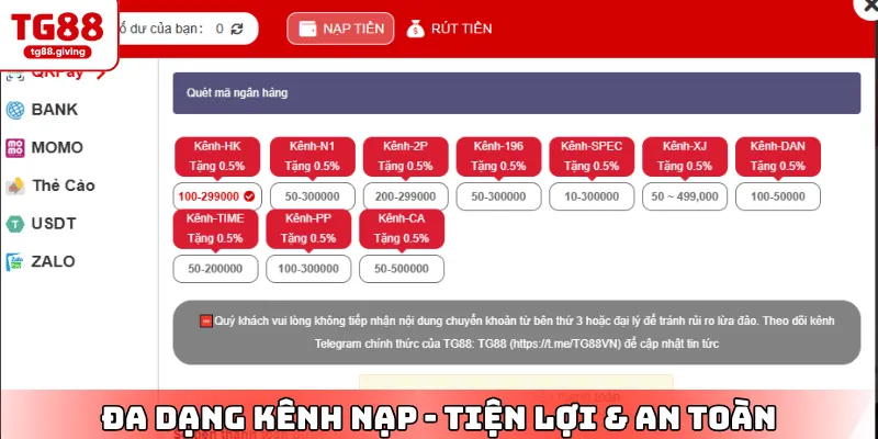 các kênh nạp tiền tg88 phổ biến nhất